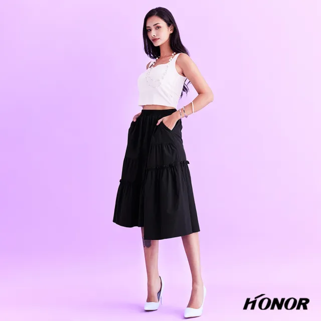 【HONOR 山形屋】不對稱抓皺拼接蛋糕下擺長裙-卡其/黑