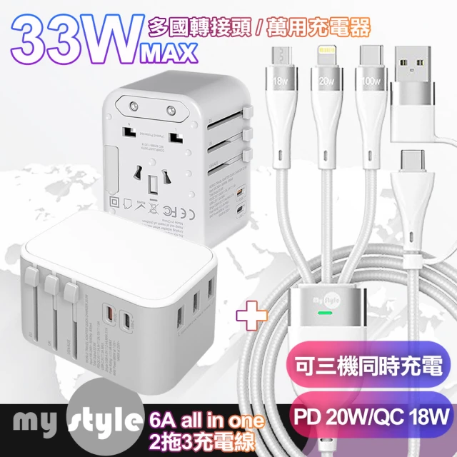 CITY BOSS 萬用轉接頭急速充電器33W-白+MyStyle USB+TYPE-C TO TYPE-C/Lightning/Micro快充線-白(3A2C)