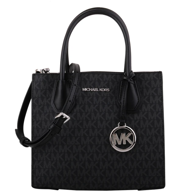 Michael Kors 銀MK滿版防刮皮革手提斜背兩用包小(黑灰)