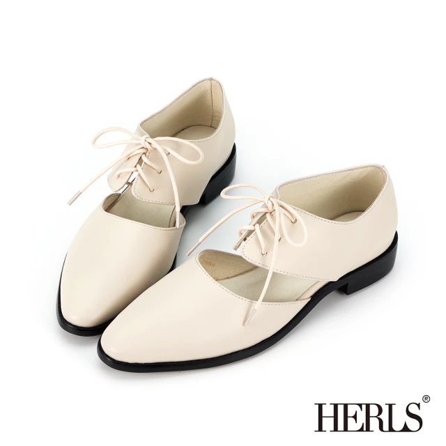 HERLS 牛津鞋-全真皮鏤空綁帶尖頭低跟牛津鞋(米白色)