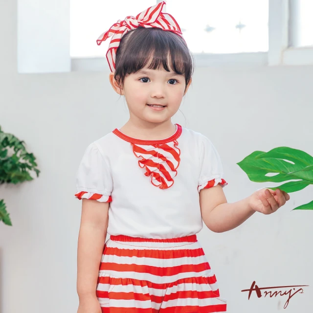 【ANNY’S 安妮公主】休閒條紋拼接造型春夏款公主袖上衣(2326紅色)