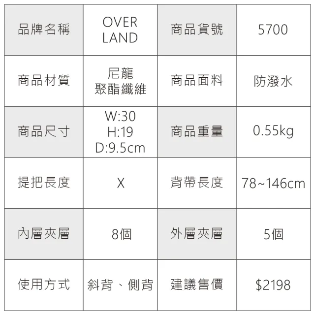 【OverLand】美式十字軍 - 簡約設計多層收納側背包(5700)