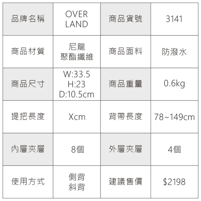 【OverLand】美式十字軍 - LOGO浮印拉鍊側背包(3141)