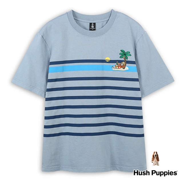 Hush Puppies 男裝 T恤 跳色條紋精緻刺繡渡假花襯衫狗T恤(淺灰藍 / 43111204)