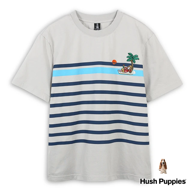 Hush Puppies 男裝 T恤 跳色條紋精緻刺繡渡假花襯衫狗T恤(淺卡其 / 43111204)