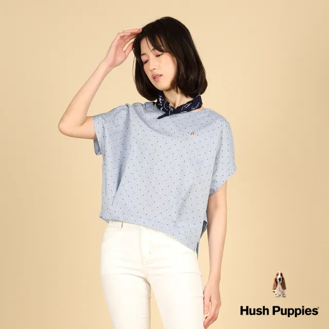 【Hush Puppies】女裝 上衣 簡約直條紋點點打褶連袖寬鬆上衣(藍色 / 43210104)