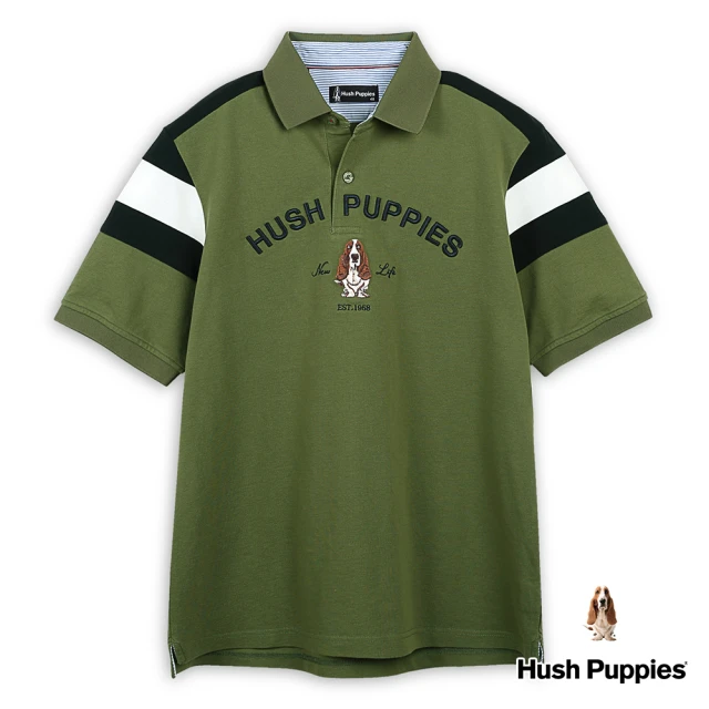 Hush Puppies 男裝 POLO衫 經典袖配色剪接刺繡狗寬版短袖POLO衫(軍綠 / 43101112)