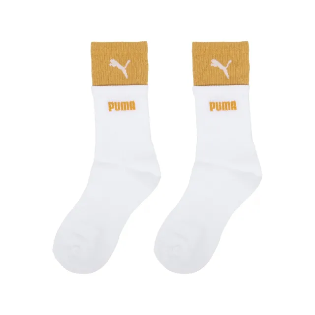 【PUMA】長襪 Fashion Logo Crew Socks 黃 白 雙層襪 休閒襪 中筒襪 襪子(BB1422-04)