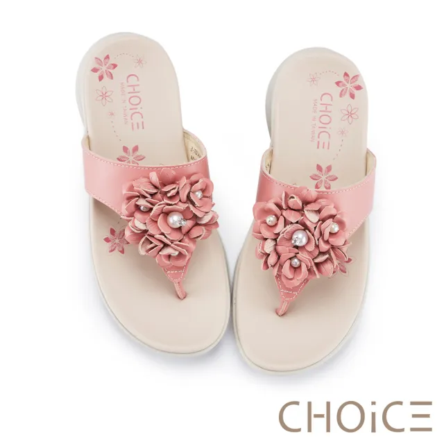 【CHOiCE】珍珠立體花朵真皮夾腳厚底拖鞋(粉色)