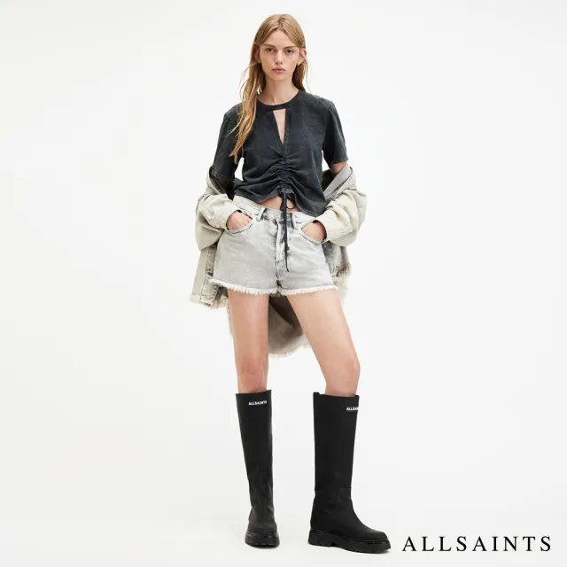 【ALLSAINTS】GIGI 輕薄純棉抽繩短袖T恤-水洗黑 WM161W(修身版型)