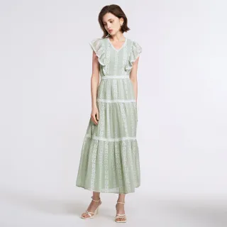 【MOMA】薄荷綠蕾絲雪紡長洋裝(淺綠色)