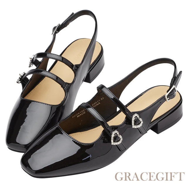 Grace Gift 方頭雙帶愛心鑽瑪莉珍後空中跟鞋(黑漆)