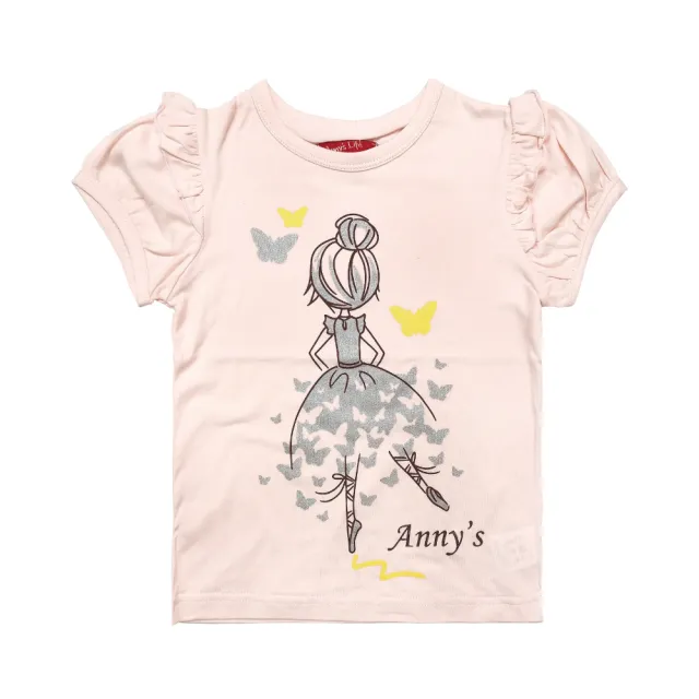 【ANNY’S 安妮公主】蝴蝶女孩春夏款彈性棉荷葉邊造型短袖上衣(2332粉紅)