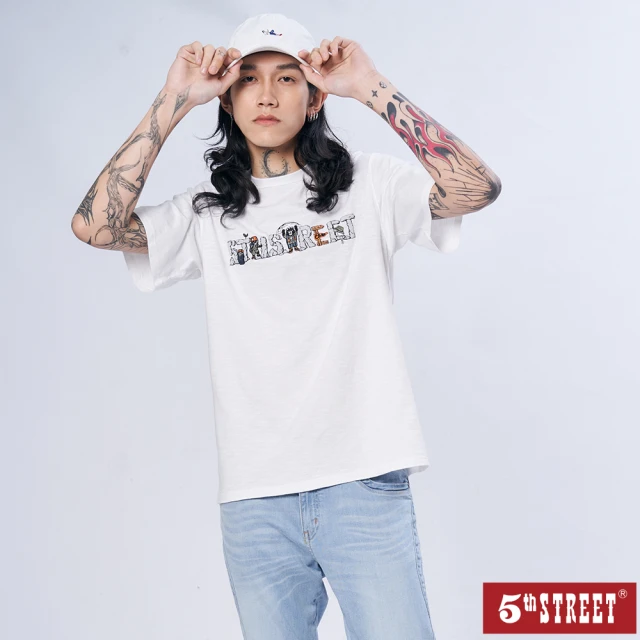 5th STREET5th STREET 男裝黑熊岩石LOGO短袖T恤-白色
