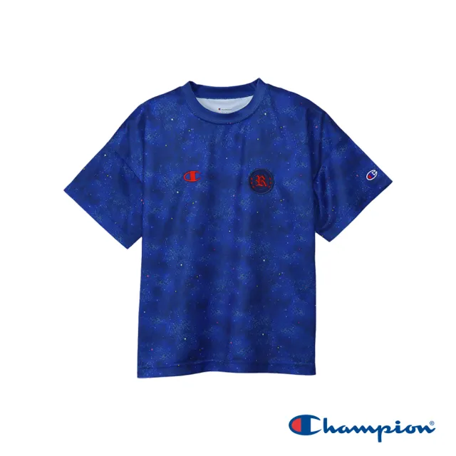 【Champion】官方直營-吸汗速乾刺繡滿版印花短袖TEE-童裝(深藍色)