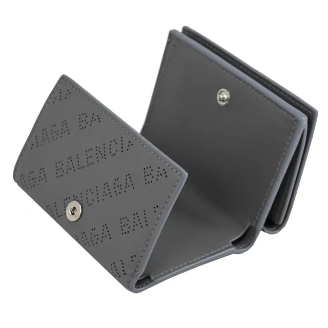【Balenciaga 巴黎世家】品牌洞洞英文LOGO牛皮雙面三折零錢小短夾(灰)