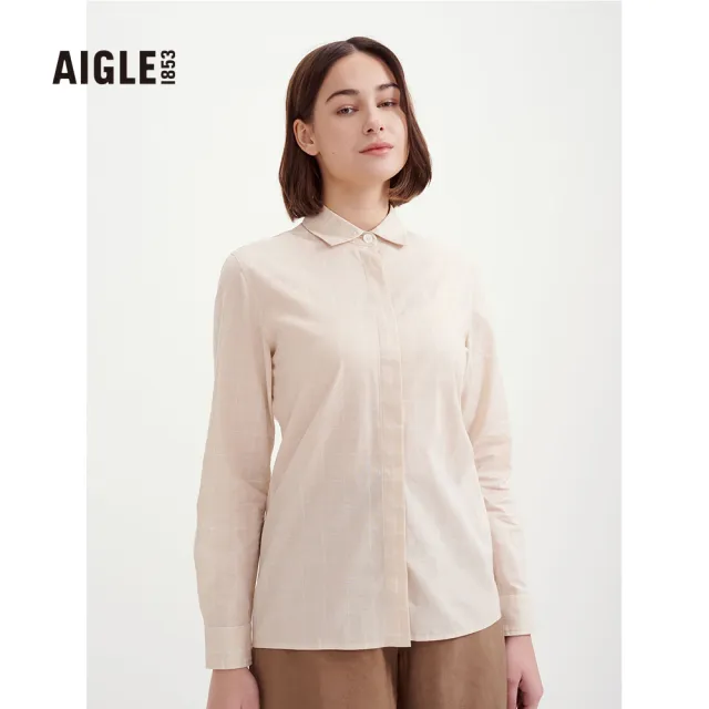 【AIGLE】女 格紋長袖襯衫 AG-3P215A138 淺卡其(女裝 襯衫 格紋長袖)