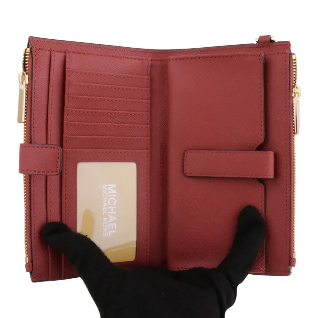 【Michael Kors】金MK字防刮雙層拉鍊掛帶中夾(紅)