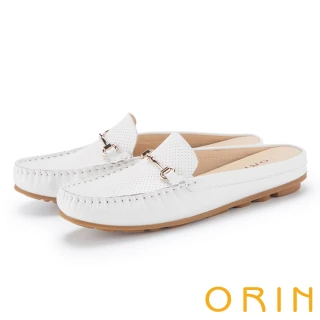 【ORIN】馬銜釦抓皺感縫線真皮平底穆勒鞋(白色)