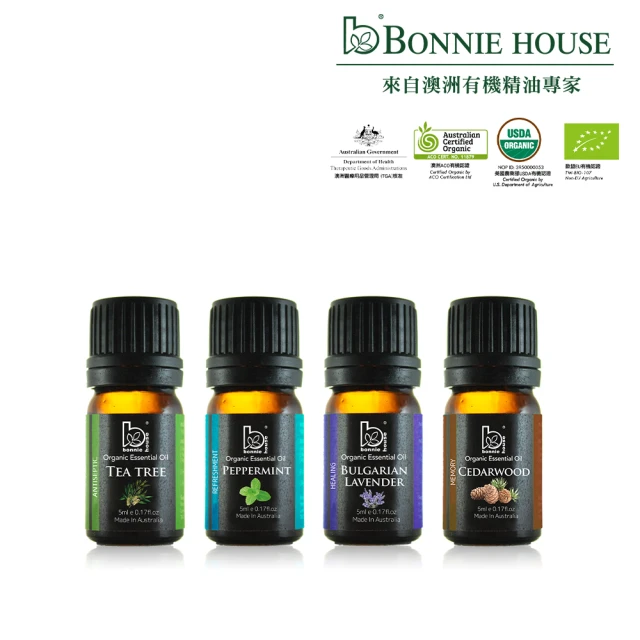 Bonnie House 植享家 提神紓壓組(茶樹精油5ml+薄荷精油5ml+薰衣草精油5ml+雪松精油5ml)