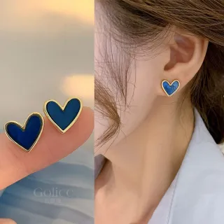 【Golicc】藍色愛戀 心型耳環(飾品 耳飾 耳釘 耳扣 耳環 禮物 618 年中慶)