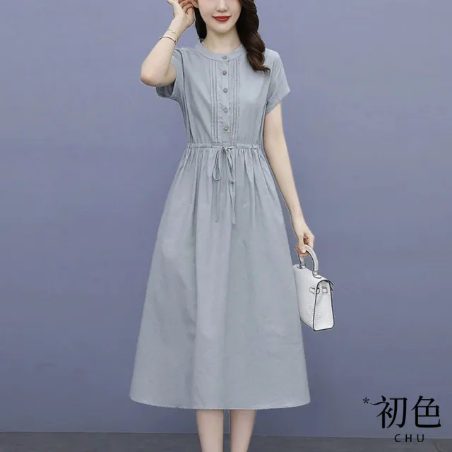 【初色】韓版氣質修身顯瘦短袖連身裙洋裝長裙-9款任選-68315(M-2XL可選)