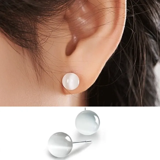 【Emi 艾迷】韓系簡單氣質輕透白色貓眼石925銀針耳環