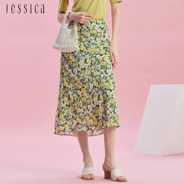 【JESSICA】親膚柔順雙縐蠶絲碎花長裙J43102