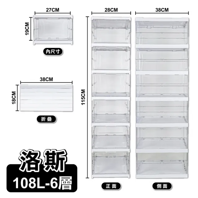 【ONE HOUSE】108L洛斯免組裝折疊收納盒 收納櫃 收納箱-正開款6層(1入)