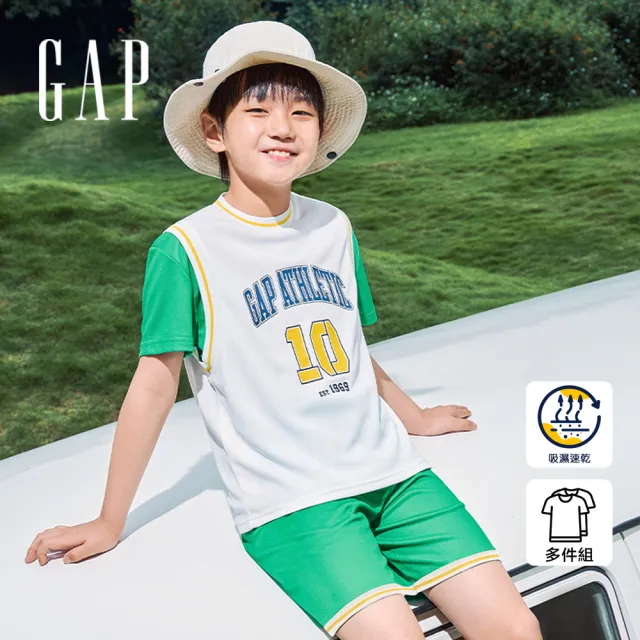 【GAP】男童裝 Logo印花圓領短袖短褲家居套裝-綠色(890520)