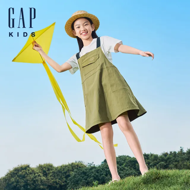 【GAP】女童裝 Logo工裝吊帶洋裝-綠卡其(466668)
