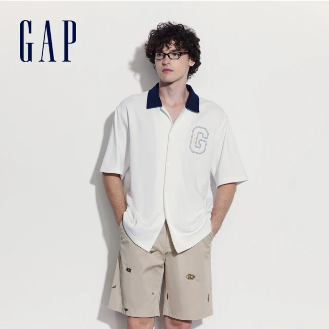 GAP 男裝 Logo翻領短袖POLO衫 碳素軟磨法式圈織系列-白色(466818)