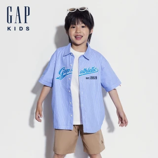 【GAP】兒童裝 Logo純棉印花翻領短袖襯衫-藍色(465986)