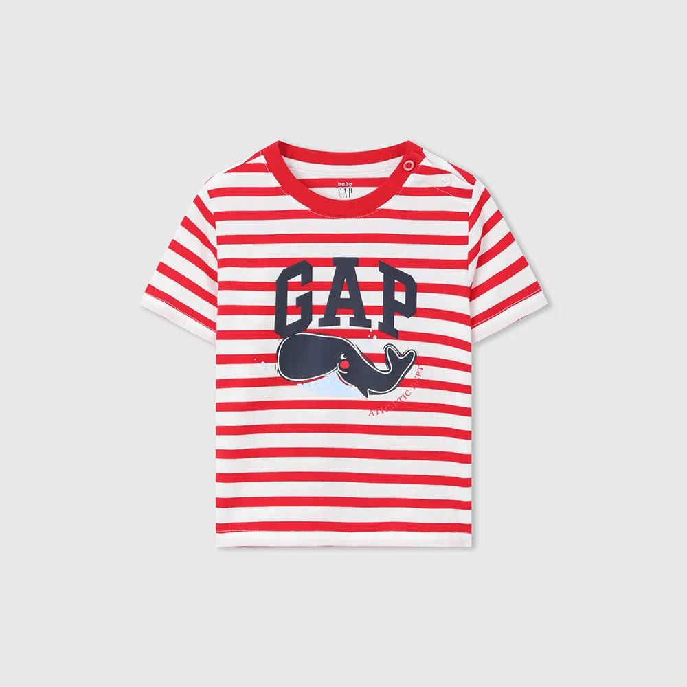 【GAP】男幼童裝 Logo純棉印花圓領短袖T恤-紅白條紋(465390)
