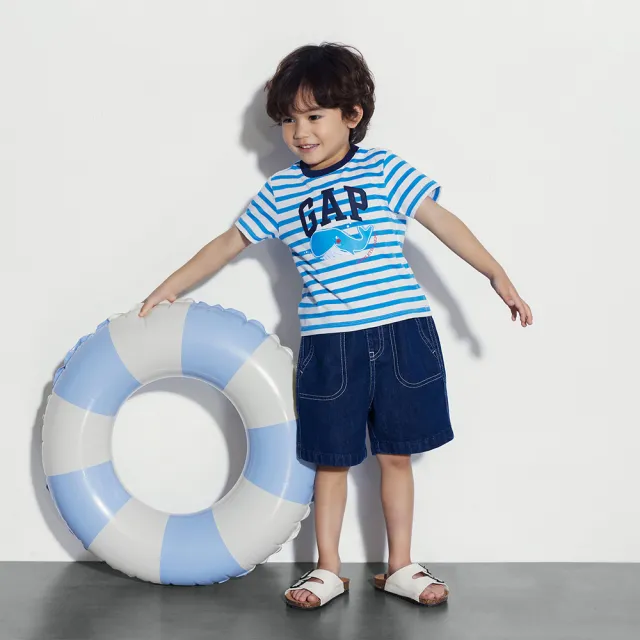 【GAP】男幼童裝 Logo純棉印花圓領短袖T恤-藍白條紋(465390)