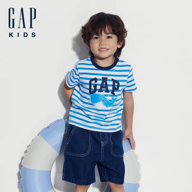 【GAP】男幼童裝 Logo純棉印花圓領短袖T恤-藍白條紋(465390)