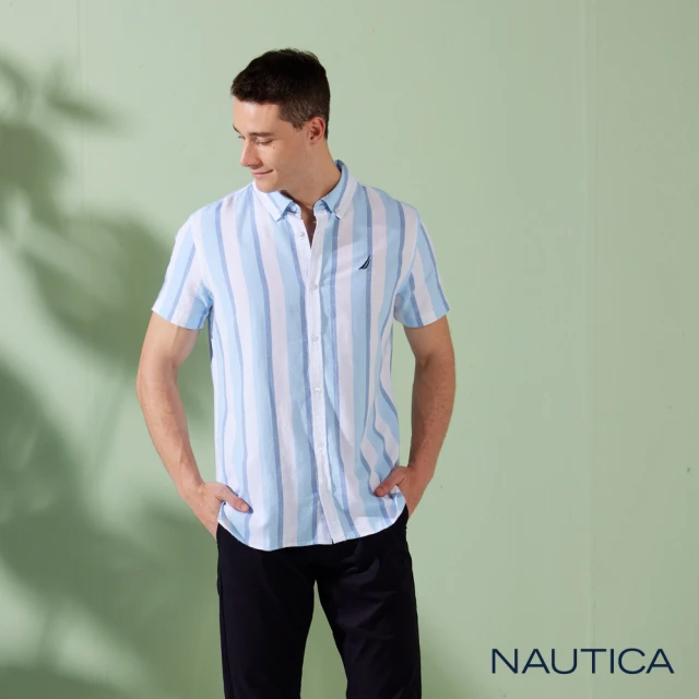 NAUTICA 男裝 純棉條紋短袖襯衫(藍色)