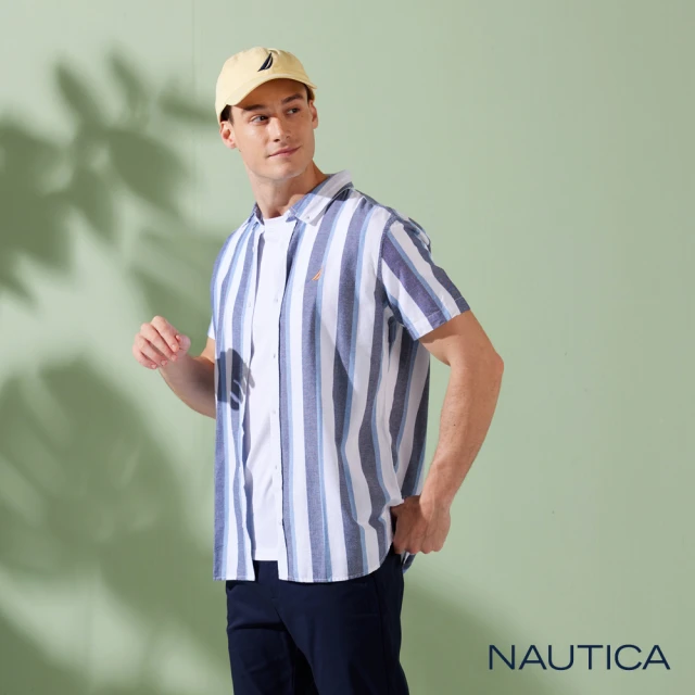 NAUTICA 男裝 純棉條紋短袖襯衫(深藍)