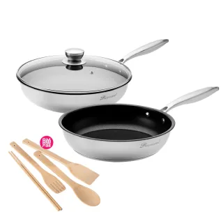 【CookPower 鍋寶】Diamond系列鋼鑽不鏽鋼不沾獨家組-IH爐可用鍋(28炒+28蓋+26煎+廚具四件組)