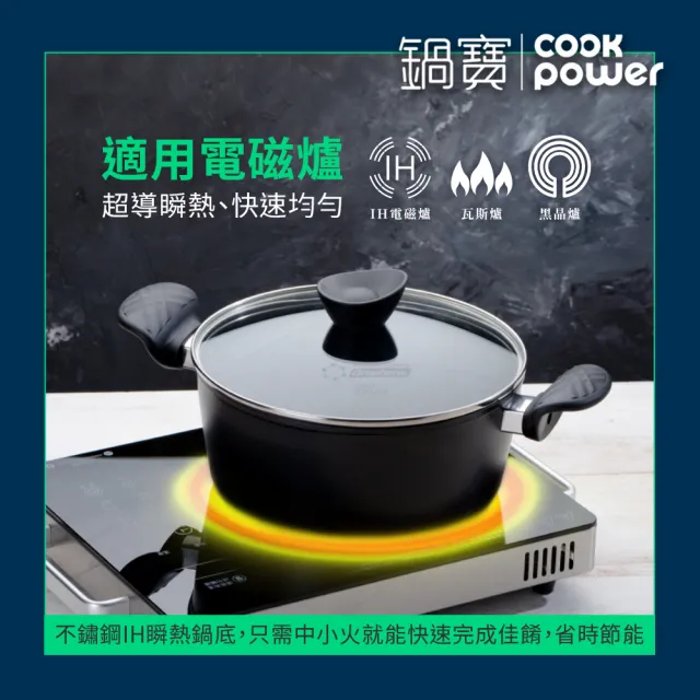 【CookPower 鍋寶】石墨烯藍鑽IH不沾鍋雙耳湯鍋24cm IH爐可用鍋(含蓋)