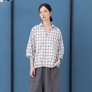 【MOSS CLUB】兩件式格紋繭型七分袖上衣(黑 白/魅力商品)