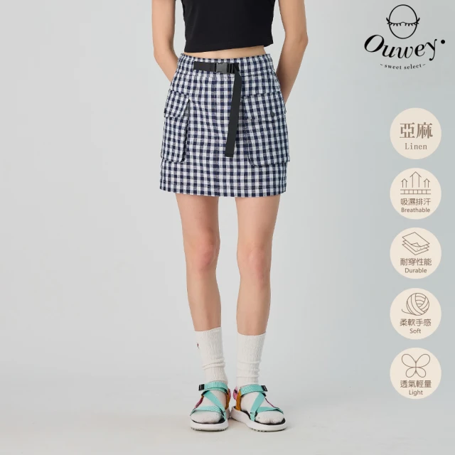 OUWEY 歐薇OUWEY 歐薇 野餐格紋亞麻褲裙(深藍色；XS-L；3242392432)