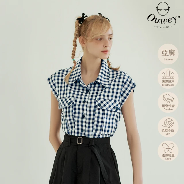 OUWEY 歐薇 野餐格紋亞麻褲裙(深藍色；XS-L；324