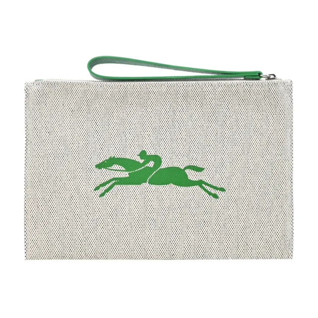 【LONGCHAMP】ESSENTIAL系列帆布LOGO字母手拿包(草綠)