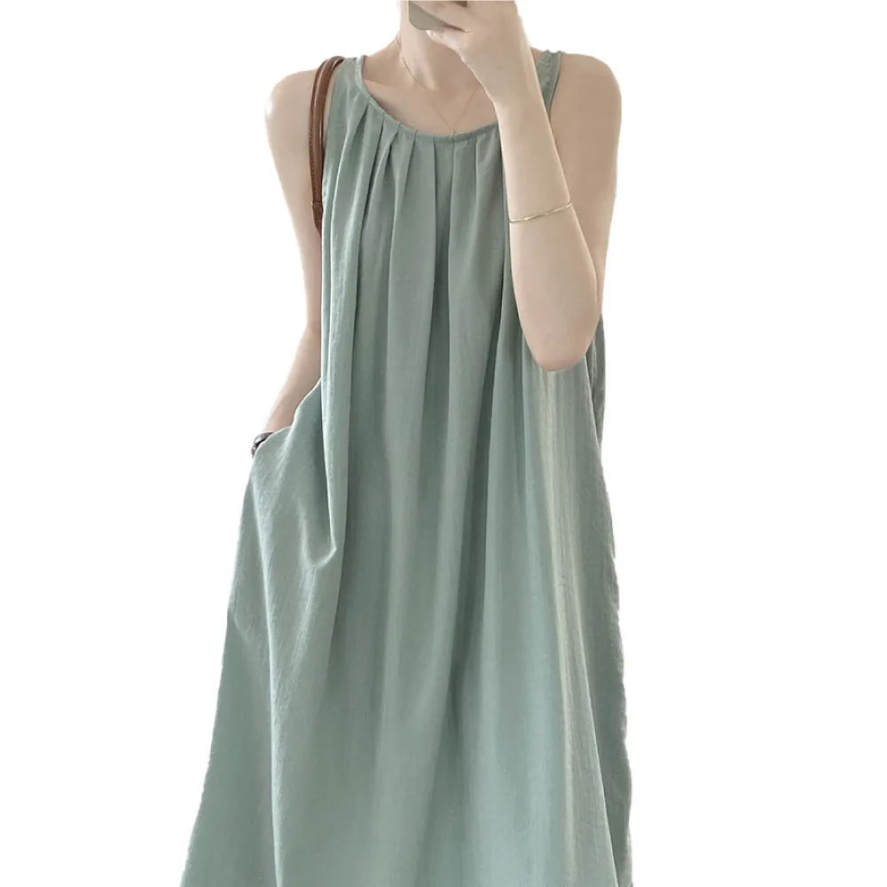 【Alishia】時尚鏤空無袖寬鬆褶皺淡雅連衣洋裝 M-L(現+預  黑 / 藍)