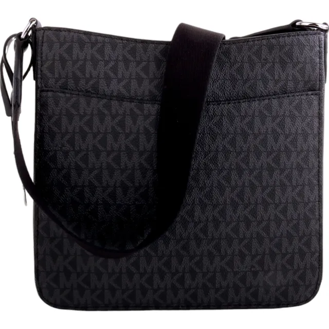 【Michael Kors】銀字防刮滿版LOGO直式斜背包小(黑灰)
