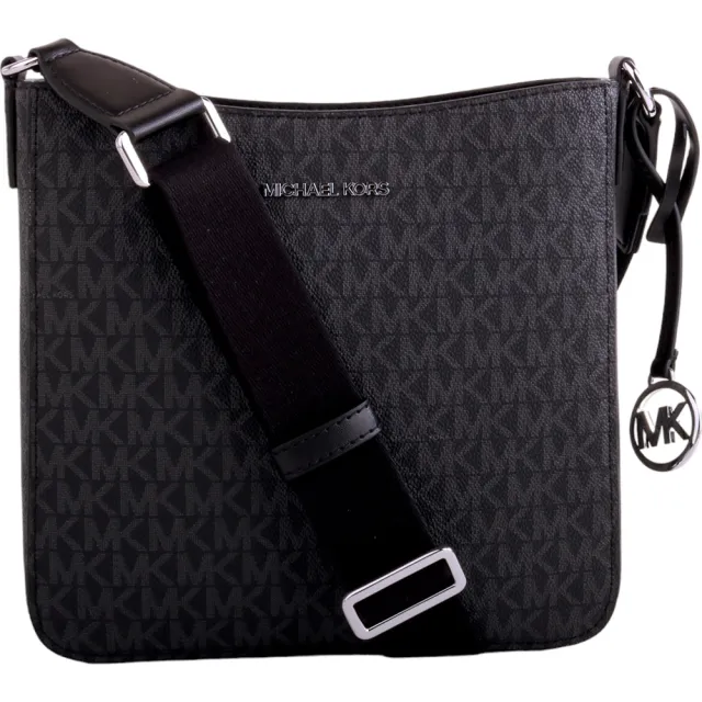 【Michael Kors】銀字防刮滿版LOGO直式斜背包小(黑灰)
