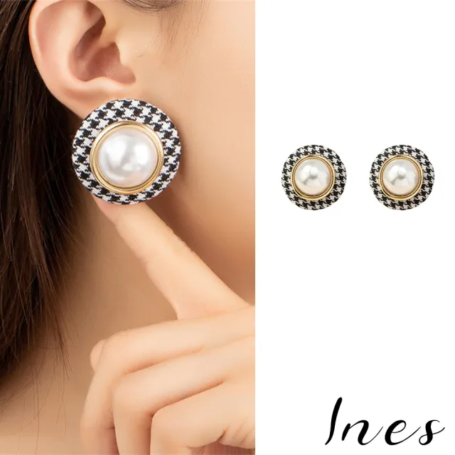 【INES】韓國設計S925銀針方圓臉顯瘦必備黑白格氣質珍珠耳環(S925銀針耳環 黑白格耳環 珍珠耳環)