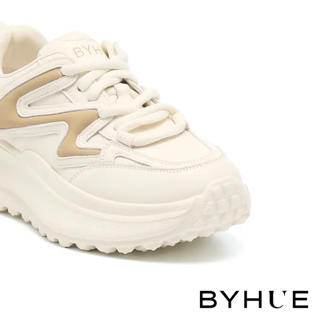 【BYHUE】率性街頭感撞色線條異材質軟芯綁帶厚底休閒鞋(杏)