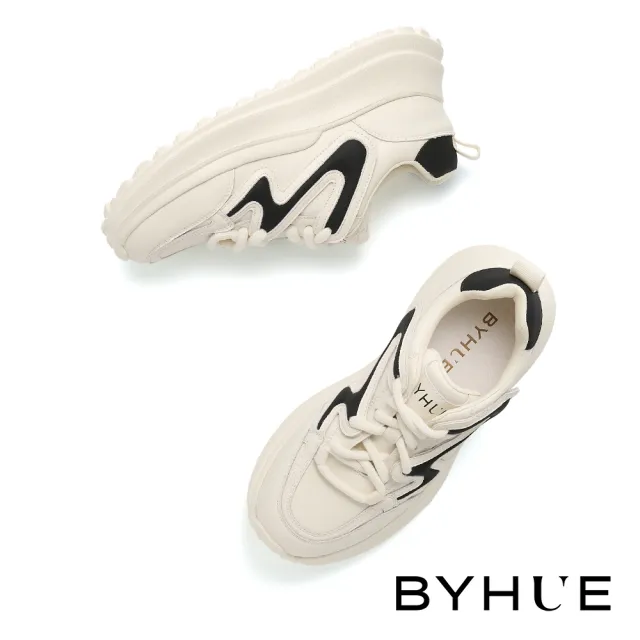 【BYHUE】率性街頭感撞色線條異材質軟芯綁帶厚底休閒鞋(黑)